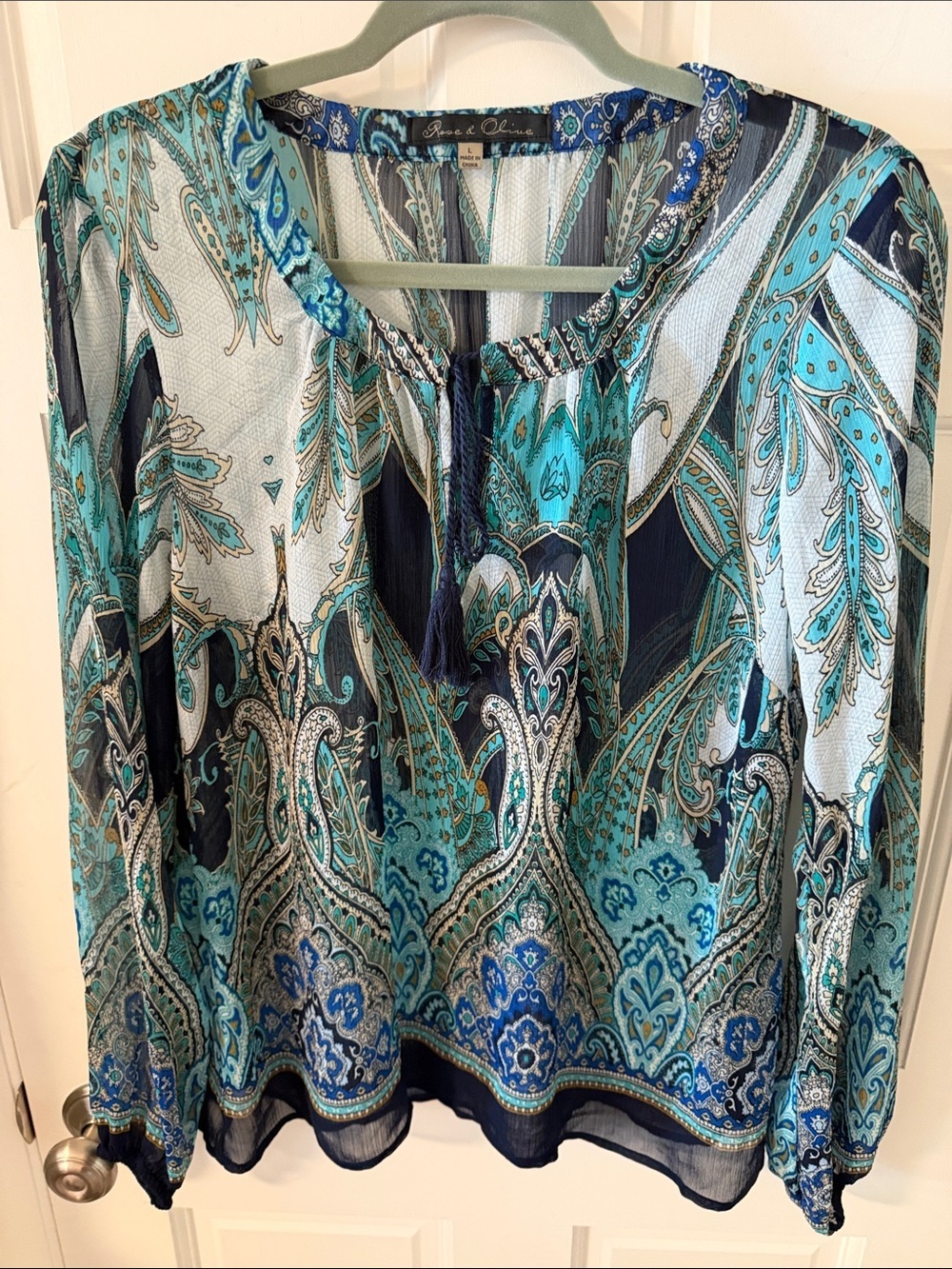 Rose & Olive Boho Sheer Blue & Teal
Paisley Peasant Blouse Tassel Tie Size Large